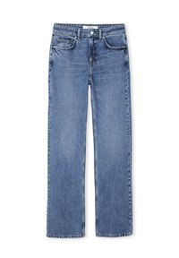 Jeans de mezquilla azul con un diseño de pierna recta, cinco bolsillos y un desvanecimiento sutil. Cuenta con un cierre de botón y costuras en contraste.