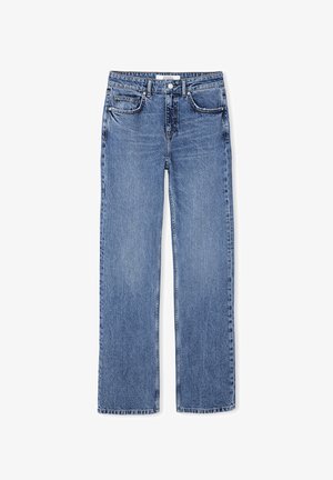 Blauwe spijkerbroek met een recht-pijpen ontwerp, vijf zakken en subtiele vervaging. Heeft een knoopsluiting en contrasterende stiksels.