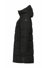 Schwarze Pufferjacke mit Kapuze, ausgestattet mit horizontalen Stepppanelen, seitlichen Reißverschlusstaschen und einem Logostick auf dem Ärmel.