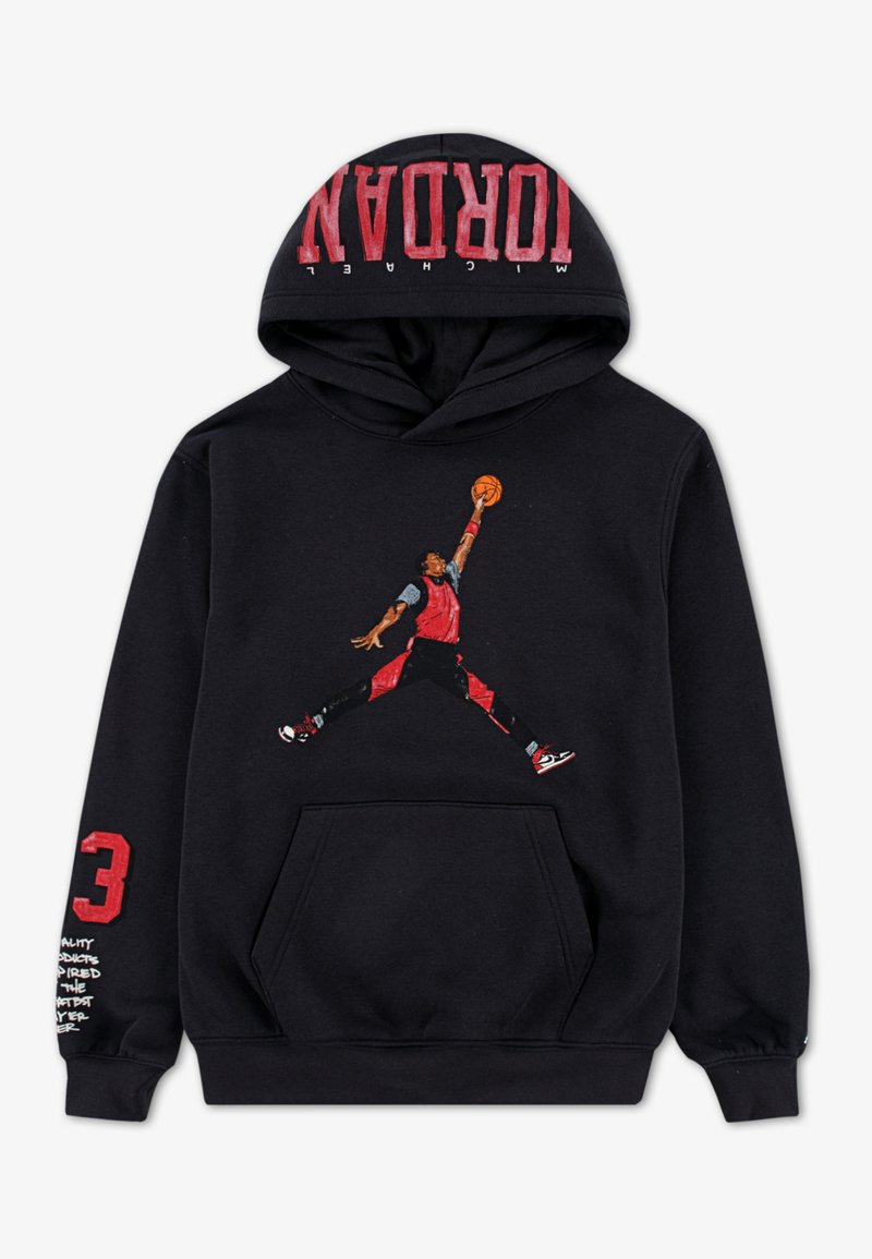 Sweatshirt preto com um grande gráfico de um jogador de basquetebol a saltar enquanto segura uma bola, com letras vermelhas e detalhes nas mangas.
