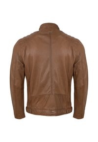 Braune Lederjacke mit gesteppter Schulterpartie, hohem Kragen und verstellbaren, geknöpften Riemen am hinteren Saum.