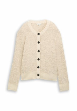Beige gebreide cardigan met een textuurafwerking, met een ronde halslijn, zwarte knopen en geribde manchetten en zoom.