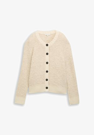 Beige knitted cardigan with a textured finish, featuring a rounded neckline, black buttons, and ribbed cuffs and hem.
