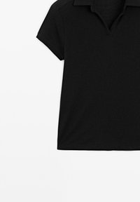 Black polo shirt made from cotton, featuring a classic lapel collar and short sleeves, with a smooth texture and regular fit design.