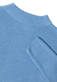 Blauer Strickpullover mit gerippter Textur, klassischem Rundhals und diagonalen Nahtdetails. Weicher Stoff mit langen Ärmeln.