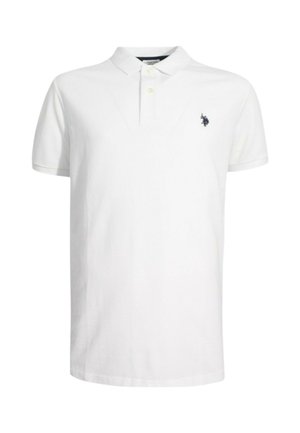 Polo bianco in cotone, con colletto classico, maniche corte e un piccolo logo blu navy sul lato sinistro del petto.