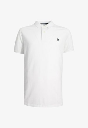 Polo bianco in cotone, con colletto classico, maniche corte e un piccolo logo blu navy sul lato sinistro del petto.