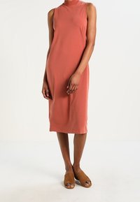 Rostfärgad ärmlös klänning med hög krage, gjord av ett mjukt tyg. Designen är åtsittande vid livet och faller till mitten av vaden.