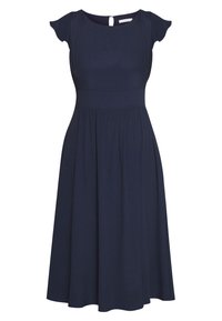 Tummansininen, lyhythihainen midi-mekko, jossa on istuva vyötärö, pyöreä pääntie ja hieman levenevä hame. Napitus takana kaulalla.