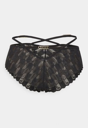 Fekete csipkebársonyos fehérnemű, zizgág mintával, fodros szélekkel és keresztbe font pántokkal. Arany gyűrűs záródással díszítve.