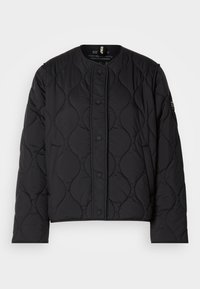 Giacca nera imbottita in poliestere riciclato, con scollatura rotonda, bottoni a pressione e un design cropped con motivi testurizzati.