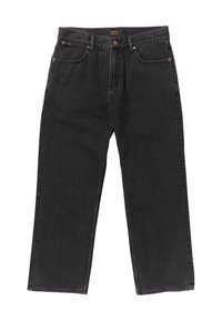 Jeans de mezclilla negra con un corte holgado y diseño de pierna recta. Presenta botones de metal y costuras en contraste en los bolsillos. Estilo clásico de cinco bolsillos.