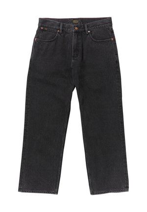 Black denim jeans with a loose fit and straight leg design. Features metal buttons and contrast stitching on pockets. Classic five-pocket style.