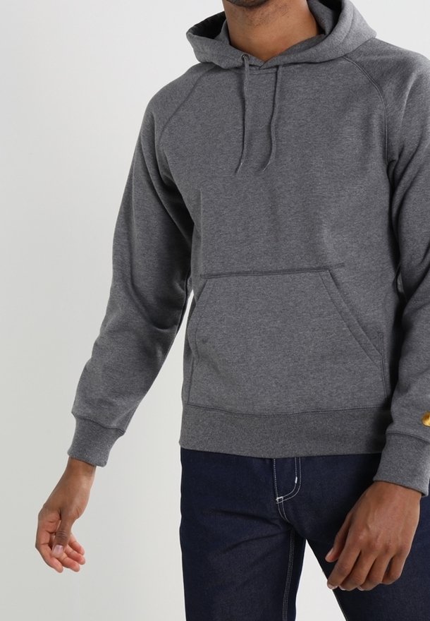 Felpa grigia in cotone con cappuccio regolabile, polsini a coste e tasca a marsupio. Presenta maniche raglan e una vestibilità comoda.