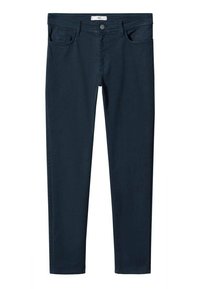 Jean slim bleu foncé avec poches avant, fermeture à boutons et passants pour ceinture, présenté à plat sur un fond blanc.