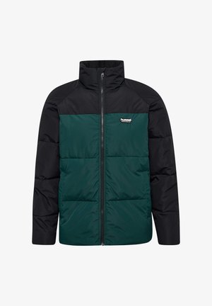 Padded jacket featuring a zip closure, high collar, black shoulders, and a dark green body. Made of smooth, durable fabric with a logo accent.