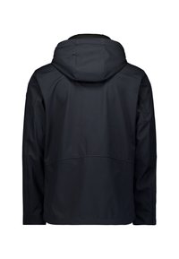 Zwarte waterdichte jas met een capuchon, met een gladde, matte afwerking en een minimalistisch ontwerp, kenmerkend door strakke lijnen en een ontspannen pasvorm.