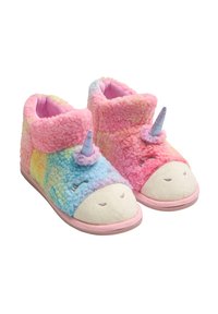Zapatillas coloridas con temática de unicornios hechas de tela de felpa con una textura suave y aterciopelada. Incluyen un cuerno puntiagudo, cara sonriente y suela rosa.