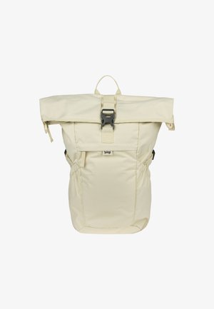Cream-colored backpack made from durable fabric, featuring a roll-top design, black buckle closure, and side pockets for added storage.