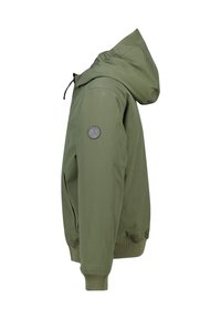 Olive green hooded jacket with ribbed cuffs and hem, side pockets, and round black logo patch on the upper sleeve.