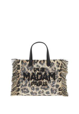 Borsa tote con stampa leopardata, manici neri, lati con frange, paillettes e "RUE MADAM PARIS" ricamato sul davanti.
