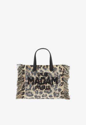Borsa tote con stampa leopardata, manici neri, lati con frange, paillettes e "RUE MADAM PARIS" ricamato sul davanti.