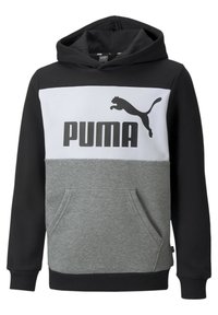 Sudadera con capucha que presenta una parte superior negra, una franja horizontal blanca con el logo de "PUMA" y una sección inferior gris; incluye un bolsillo frontal.