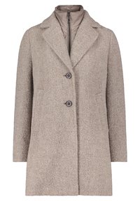 Beige wollen blend jas met een gestructureerde afwerking, reverskraag, twee voorknopen en zijzakken; voorzien van een gelaagde, geïsoleerde binnenvoering.