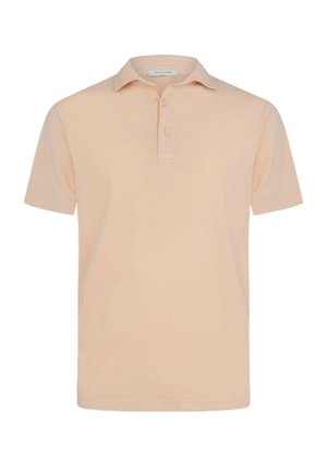 Polo a maniche corte color pesca chiaro con pattina a due bottoni e colletto morbido, mostrata su sfondo bianco.