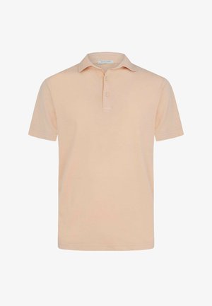 Helles Pfirsichfarbenes Poloshirt mit kurzen Ärmeln, Zwei-Knopf-Leiste und weichem Kragen, auf weißem Hintergrund dargestellt.