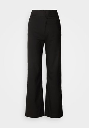Pantaloni neri a gamba larga con texture liscia, vita alta e design semplice. Nessuna tasca visibile o decorazioni.