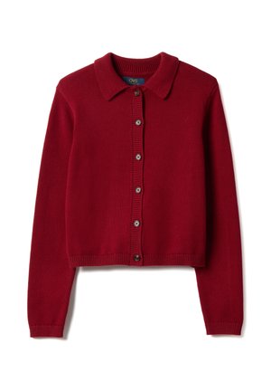 Red long-sleeve knitted cardigan with collar and six front buttons, featuring ribbed cuffs and hem, from the brand OVS.