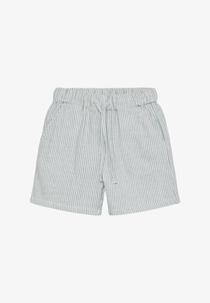 Pantaloncini a righe in cotone azzurro chiaro e bianco, con vita elastica e coulisse, e due tasche laterali.