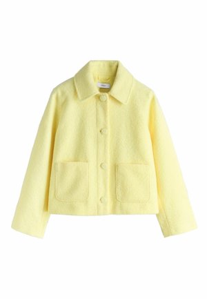 Gelbe, kurz geschnittene Jacke aus Wollmischung mit Kragen, fünf vorderen Knöpfen und zwei aufgesetzten Taschen. Weiche Textur, minimalistisches Design.