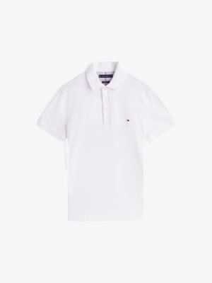 Valge puuvillane polo-särk, millel on klassikaline krae, lühikesed varrukad, kolme nupuga klapp ja rinnal väike logo detail.