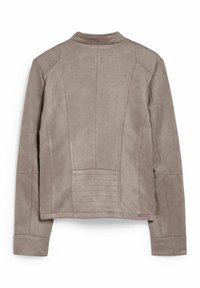 Giacca in suede marrone chiaro con dettagli a pannello cuciti sulla schiena e sulle maniche, colletto rialzato e maniche lunghe.