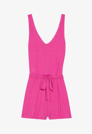Pink sleeveless romper with a deep V-neck, cinched waist, and matching fabric belt; features two side pockets and a loose fit.