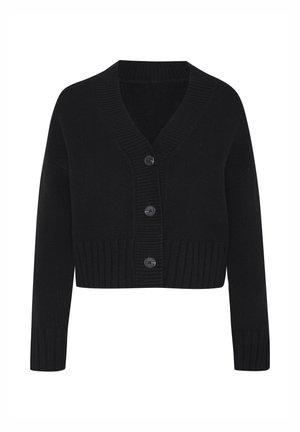 Schwarzer, kurz geschnittener Cardigan aus Strickstoff mit tiefem V-Ausschnitt, gerippten Bündchen und einer Knopfleiste mit vier großen Knöpfen.