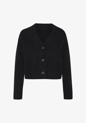 Cardigan noir court en tissu tricoté, avec un col en V profond, des poignets côtelés et une fermeture à boutons composée de quatre gros boutons.