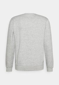 Sweat-shirt gris clair à manches longues et col rond, vu de dos, avec poignets et ourlet côtelés sur fond blanc.