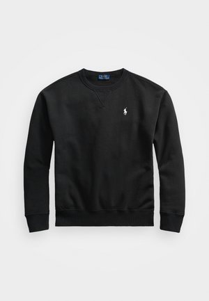 Schwarzer Langarm-Pullover mit Rundhalsausschnitt, Rippbündchen und Saum, mit einem kleinen weißen, gestickten Polo Ralph Lauren-Logo auf der linken Brust.