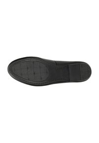 Black leather shoe with a smooth finish, featuring a textured rubber sole with a grid pattern and stitched detailing along the edges.