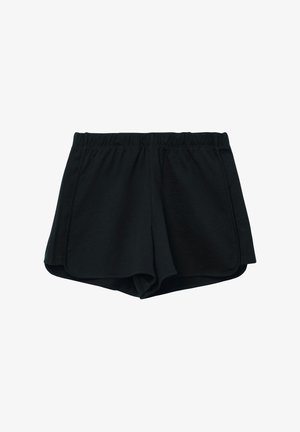 Czarne spodenki sportowe z miękkiego materiału, z elastyczną talią, charakteryzujące się luźnym krojem i zaokrąglonym dołem dla swobody ruchów.