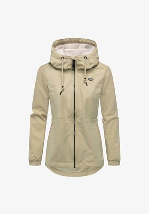 Beige lichtgewicht jas met een trekkoord capuchon, ritssluiting, elastische manchetten en een iets langere achterkant voor extra bedekking.