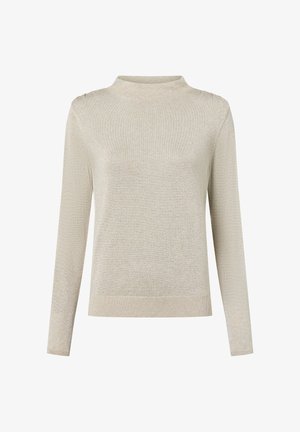 Beiger Strickpullover mit langen Ärmeln, hohem Kragen und geripptem Saum, abgebildet vor weißem Hintergrund.