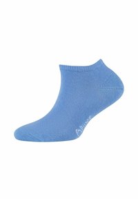 Helle blaue Knöchelsocke aus weichem, dehnbarem Material. Verfügt über einen gerippten Bund und ein nahtloses Zehen-Design. Minimale Markenkennzeichnung an der Seite sichtbar.