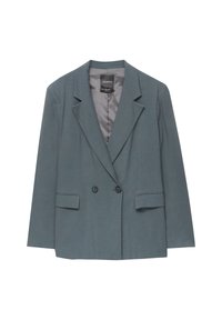 Blazer doppiopetto teal con due tasche frontali, colletto a revers e una fodera interna liscia. Le chiusure a bottone sul davanti sono nere.