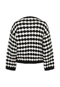 Zwart-witte cropped trui met een diamantpatroon, gebreide textuur en lange mouwen met geribbelde manchetten en zoom.