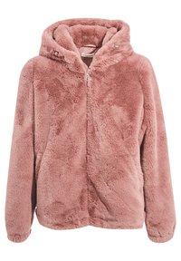 Blød lyserød hættejakke i kunstpels med lange ærmer og en central lynlås med en rund pull tab.