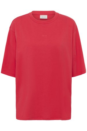 Piros, túlméretezett, rövid ujjú póló kerek nyakkivágással és finom, középen a mellkason hímzett logóval.